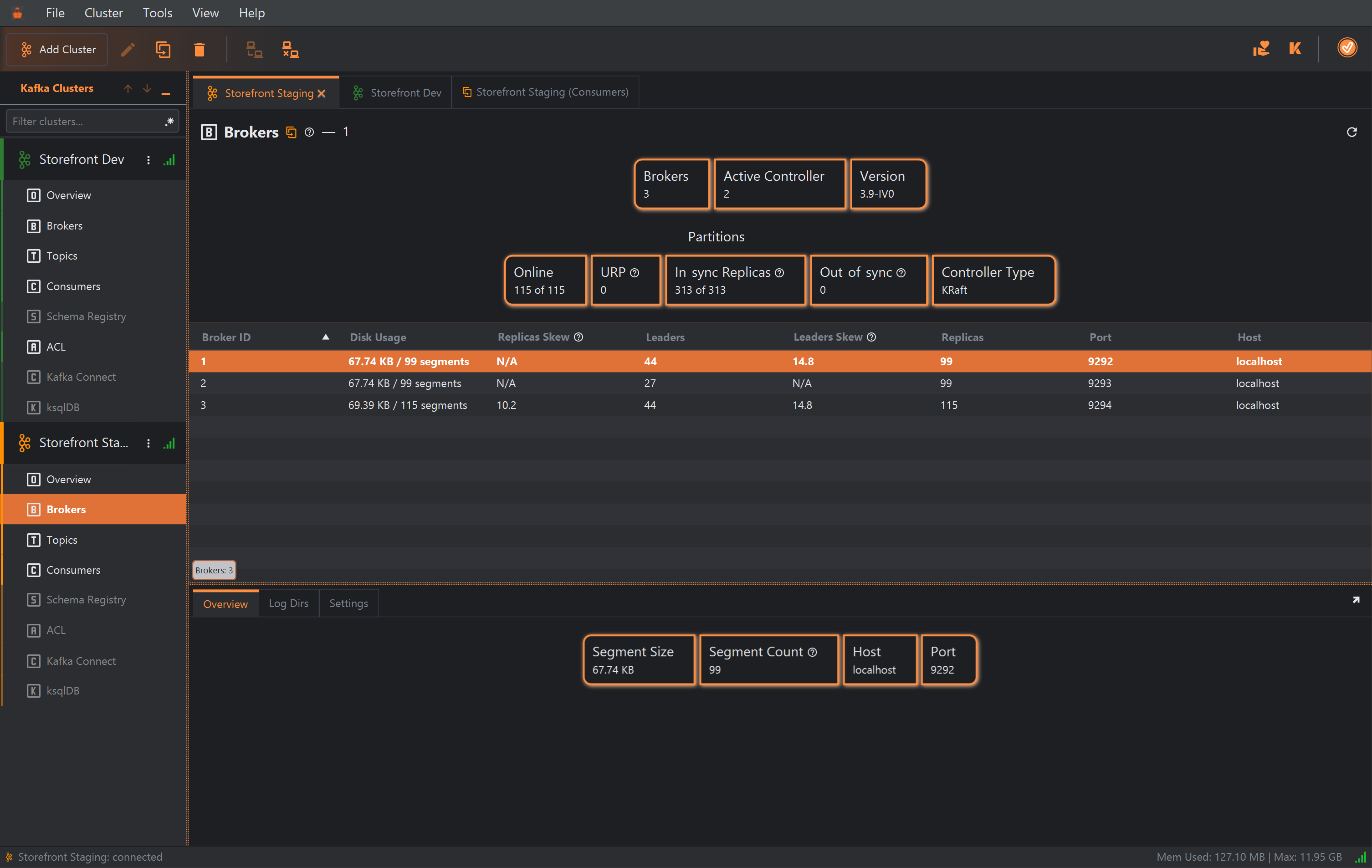 The Brokers section of the three-broker Storefront Staging cluster, beside the Storefront Dev and Storefront Staging (Consumers) tabs. Cards show Brokers 3, Active Controller 2 and Version 3.9-IV0, and under Partitions: Online 115 of 115, URP 0, In-sync Replicas 313 of 313, Out-of-sync 0 and Controller Type KRaft. The table lists brokers 1, 2 and 3 with their disk usage, skew, leaders, replicas, port and host; broker 1 is selected, and its Overview tab below shows Segment Size 67.74 KB, Segment Count 99, Host localhost and Port 9292.