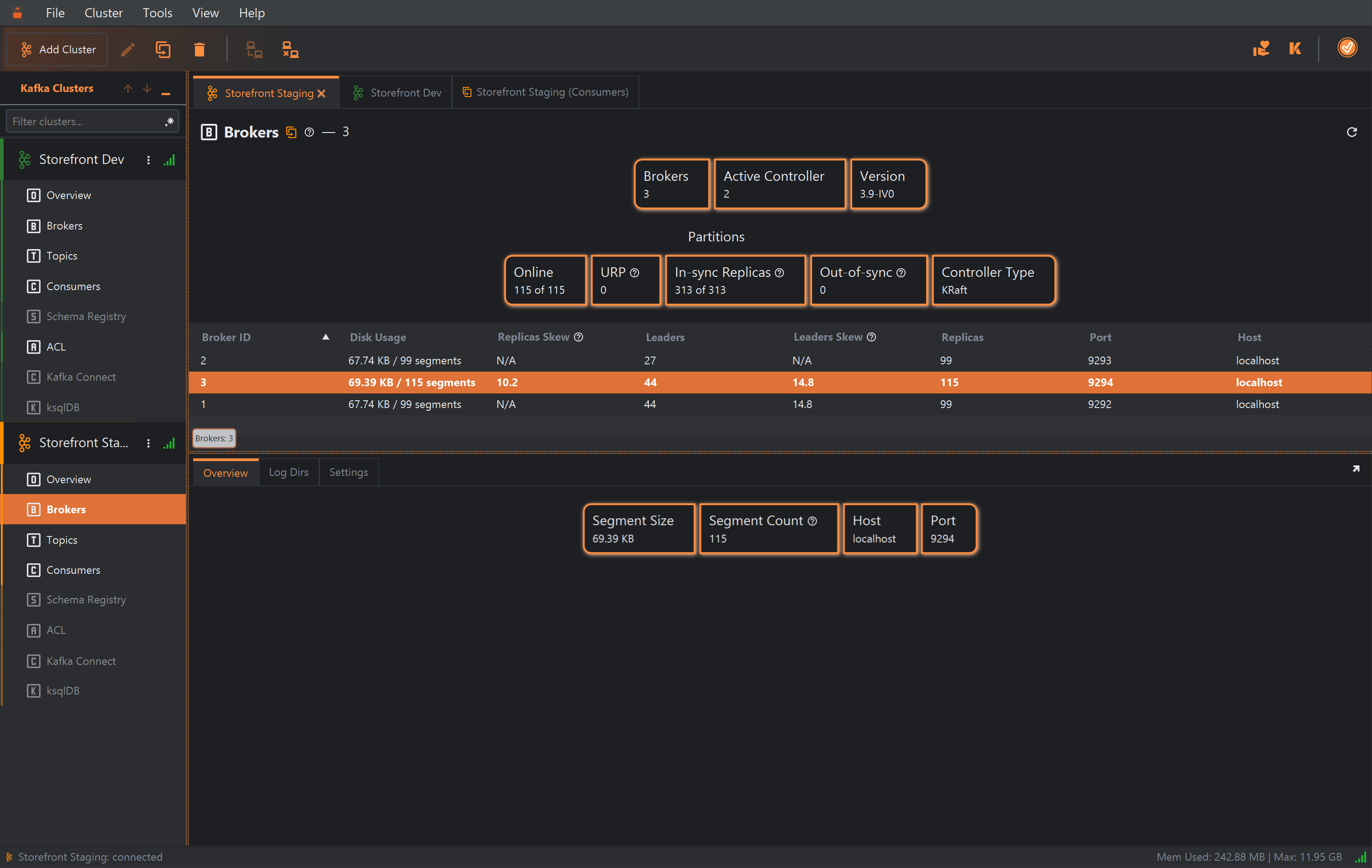 Broker 3 selected in the brokers list, and its Overview tab underneath with four cards: Segment Size 69.39 KB, Segment Count 115, Host localhost and Port 9294.