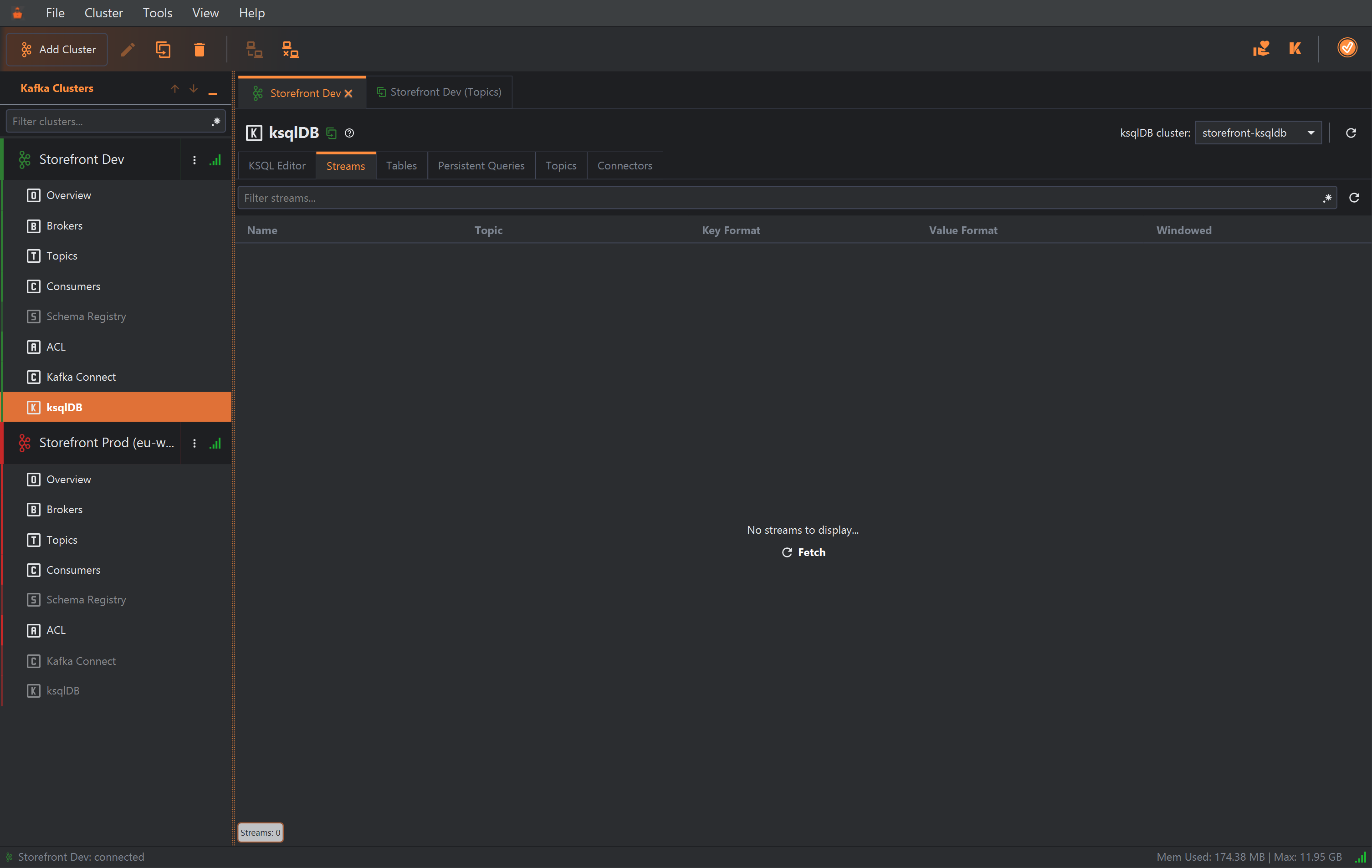 An empty Streams tab with the text No streams to display... and a Fetch button.