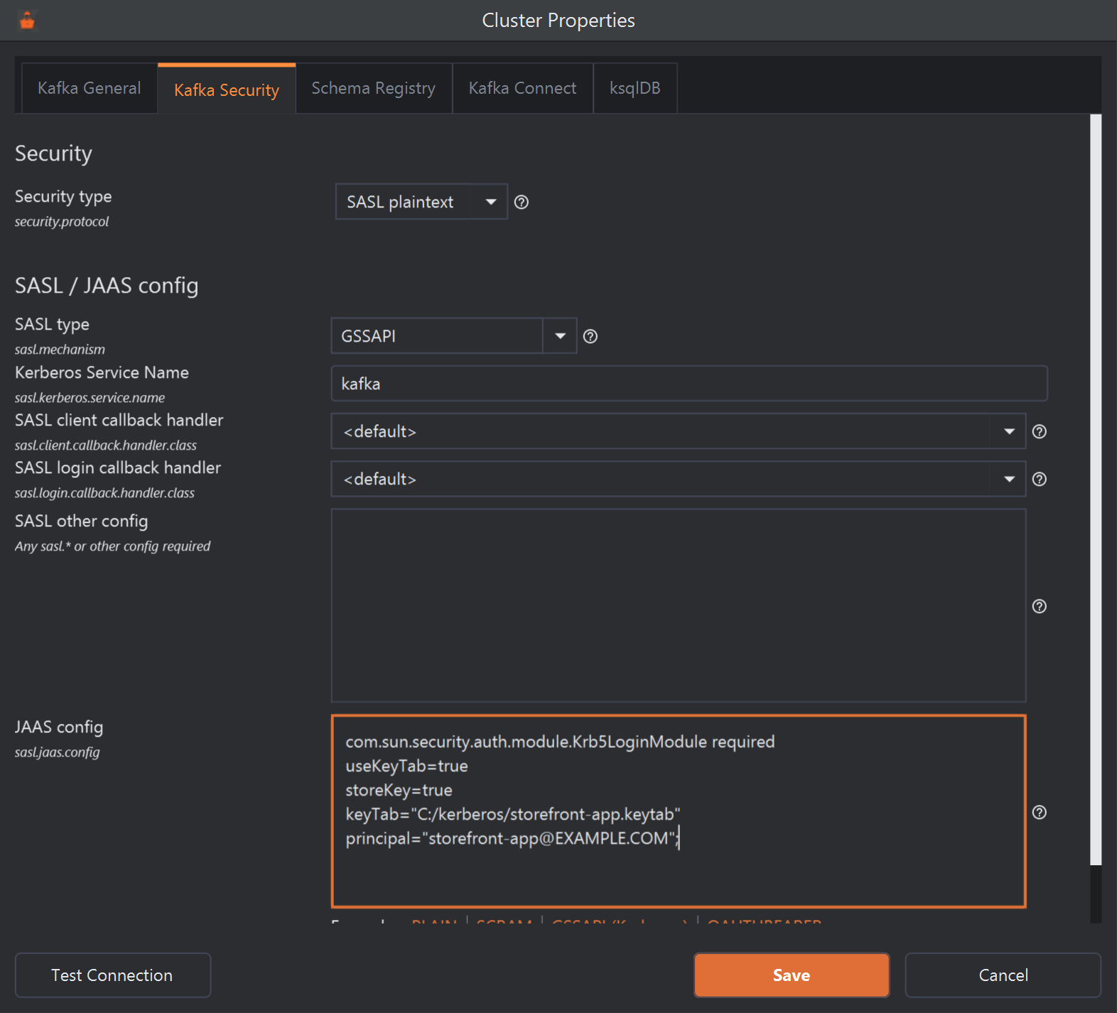 The SASL / JAAS config section with SASL type GSSAPI. A Kerberos Service Name field, labelled sasl.kerberos.service.name, has appeared under it and contains kafka. The callback handlers are default, SASL other config is empty, and the JAAS config holds com.sun.security.auth.module.Krb5LoginModule required with useKeyTab=true, storeKey=true, keyTab C:/kerberos/storefront-app.keytab and principal storefront-app@EXAMPLE.COM.