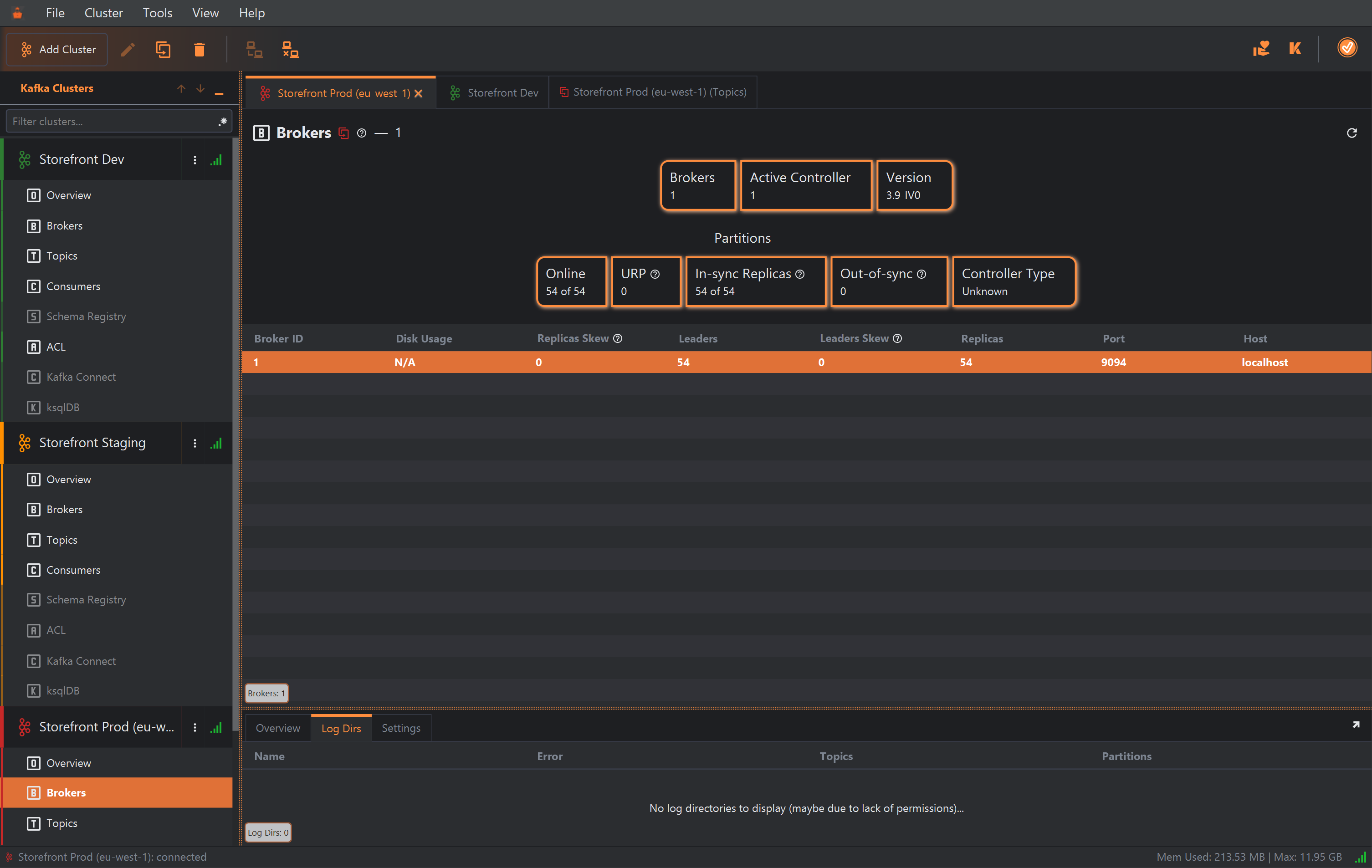 The KafkIO main window with three connected clusters, Storefront Dev, Storefront Staging and Storefront Prod (eu-west-1), and three tabs: Storefront Prod (eu-west-1), Storefront Dev, and a duplicated Storefront Prod (eu-west-1) (Topics) tab. The Brokers page of Storefront Prod shows 1 broker, active controller 1, version 3.9-IV0, 54 of 54 partitions online and Controller Type Unknown. In the brokers table, Disk Usage is N/A. The Log Dirs tab below reads No log directories to display (maybe due to lack of permissions).... The status bar says Storefront Prod (eu-west-1): connected.