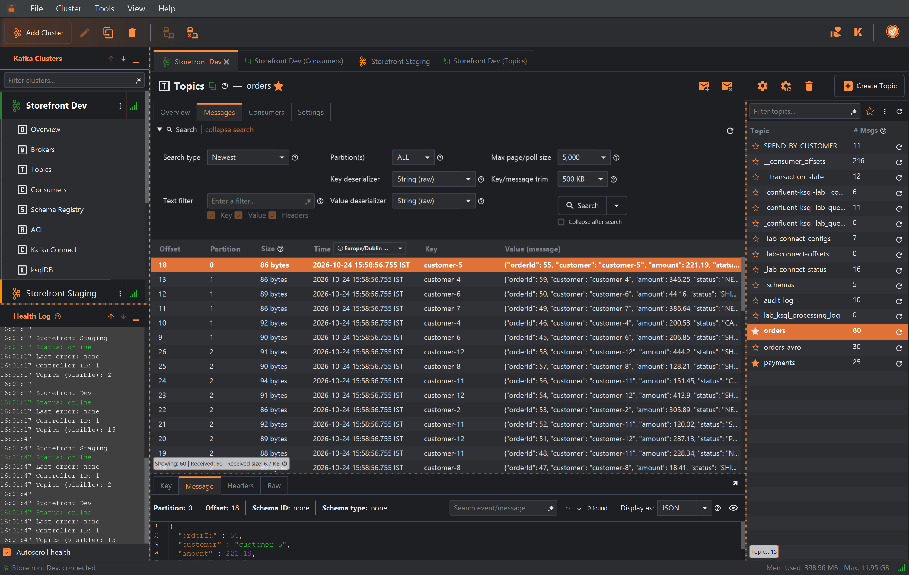 The KafkIO main window. At the top, the File, Cluster, Tools, View and Help menus, and a toolbar with Add Cluster and cluster buttons on the left and donate, website and background-task icons on the right. On the left, the Kafka Clusters pane lists Storefront Dev (green) and Storefront Staging (amber), both connected and expanded into their sections, with the Health Log pane below it showing timed status lines for both clusters. On the right, four tabs: Storefront Dev, Storefront Dev (Consumers), Storefront Staging and Storefront Dev (Topics). The Storefront Dev tab shows the Topics section with the orders topic's messages. The status bar at the bottom reads Storefront Dev: connected, with memory use on the right.