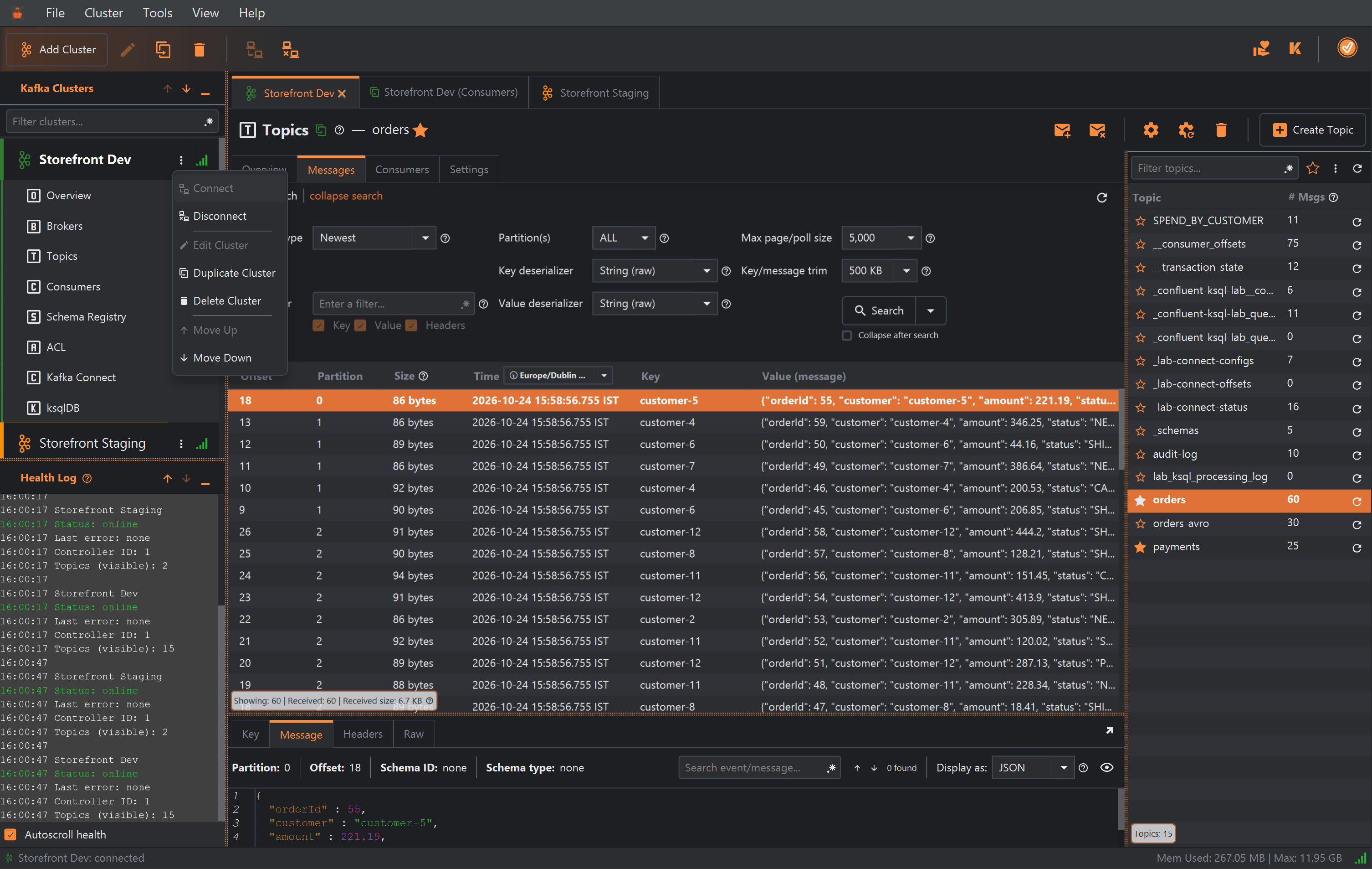 The Kafka Clusters pane with its header buttons and a Filter clusters field. The Storefront Dev row has a three-dot button and a green signal icon; its Cluster Actions menu is open, listing Connect (greyed), Disconnect, Edit Cluster (disconnect first) (greyed), Duplicate Cluster, Delete Cluster, Move Up (greyed) and Move Down.