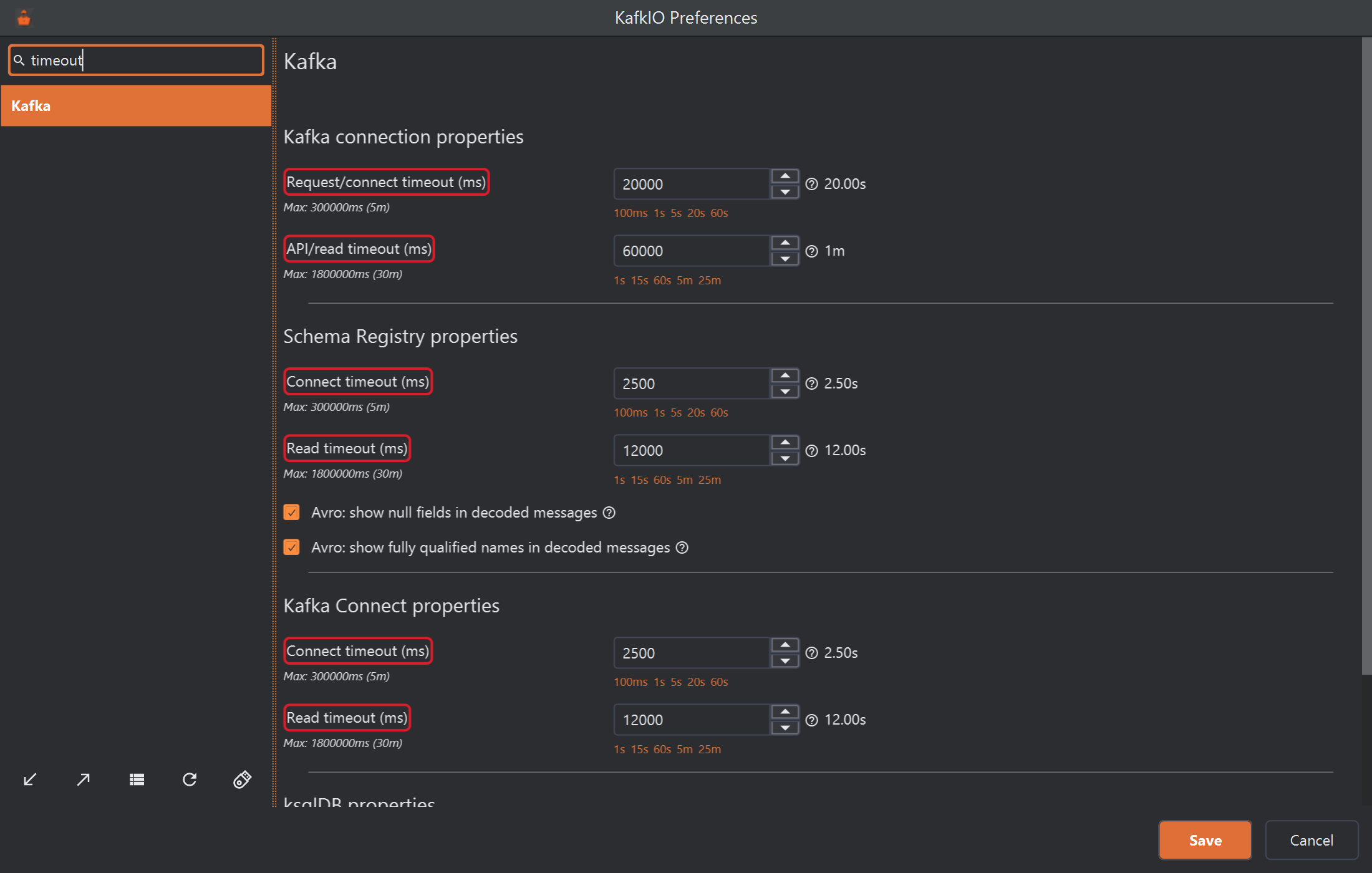 The KafkIO Preferences window with timeout typed in the Search box. The page list on the left has narrowed to Kafka alone, and on the Kafka page every label containing the word timeout is outlined in red: Request/connect timeout (ms), API/read timeout (ms), and the Connect timeout and Read timeout fields of Schema Registry and Kafka Connect. Below the page list are five icon buttons: import, export, show preferences, reset and memory stick mode.