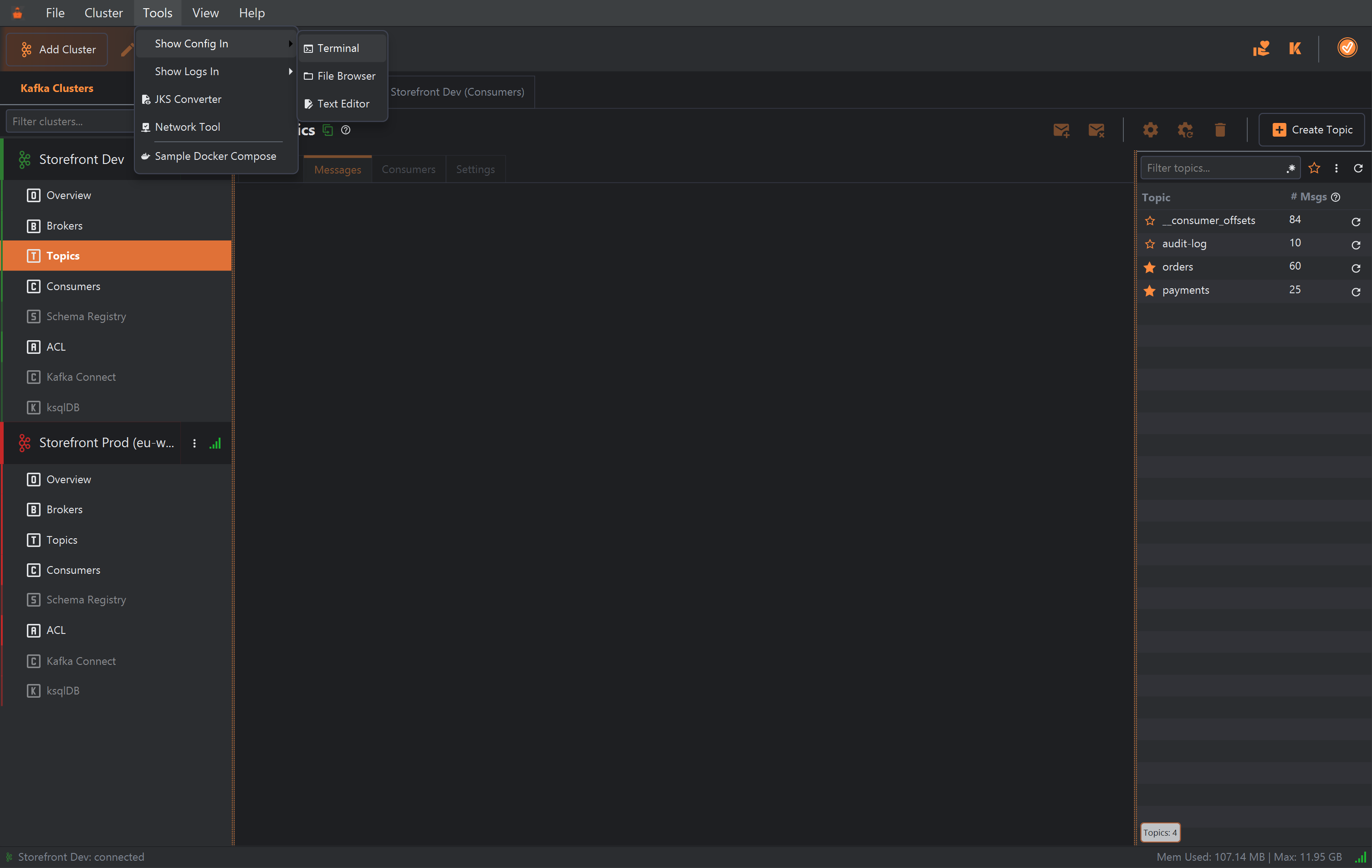 KafkIO's Tools menu open with Show Config In highlighted and its submenu listing Terminal, File Browser and Text Editor. Below Show Config In are Show Logs In, JKS Converter, Network Tool and Sample Docker Compose. Behind the menu, Storefront Dev is connected and a duplicated Storefront Dev (Consumers) tab is open.