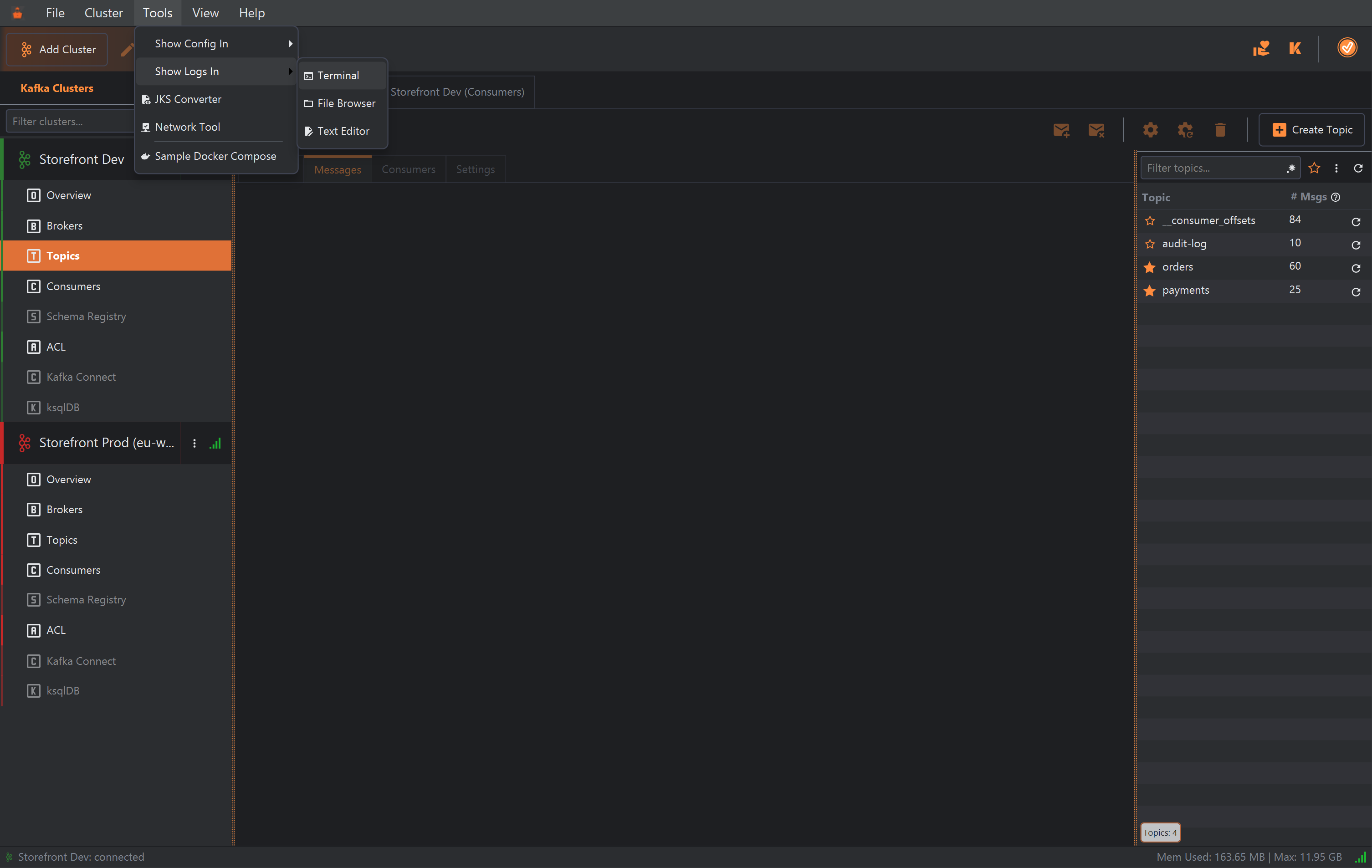 KafkIO's Tools menu open with Show Logs In highlighted and its submenu listing Terminal, File Browser and Text Editor. Above it is Show Config In; below it JKS Converter, Network Tool and Sample Docker Compose.