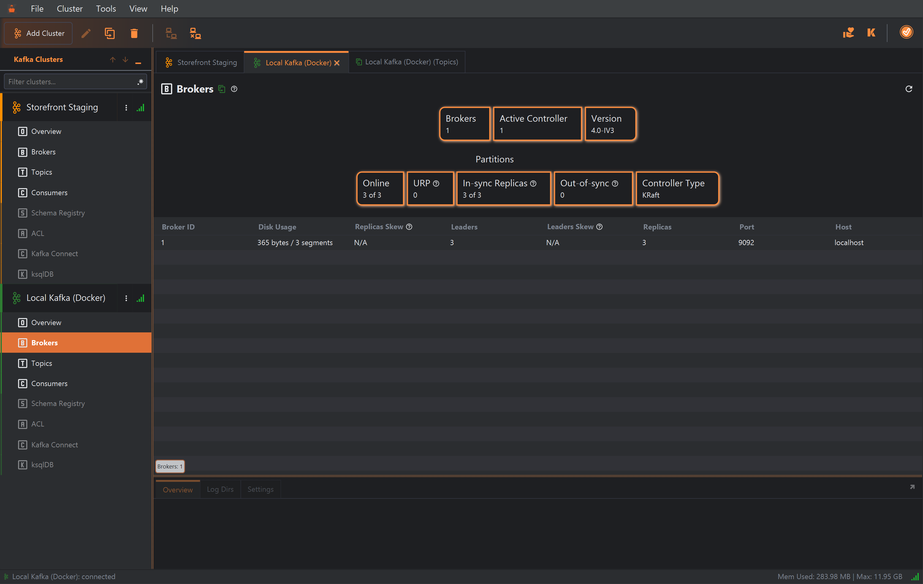 KafkIO connected to the sample, shown as a green cluster called Local Kafka (Docker) under Storefront Staging in the cluster list, with its Brokers section open. The cards show 1 broker, active controller 1, version 4.0-IV3, 3 of 3 partitions online and controller type KRaft. The table has one row: broker 1, 365 bytes in 3 segments, 3 leaders, 3 replicas, port 9092, host localhost. A duplicated Local Kafka (Docker) (Topics) tab is open beside it.