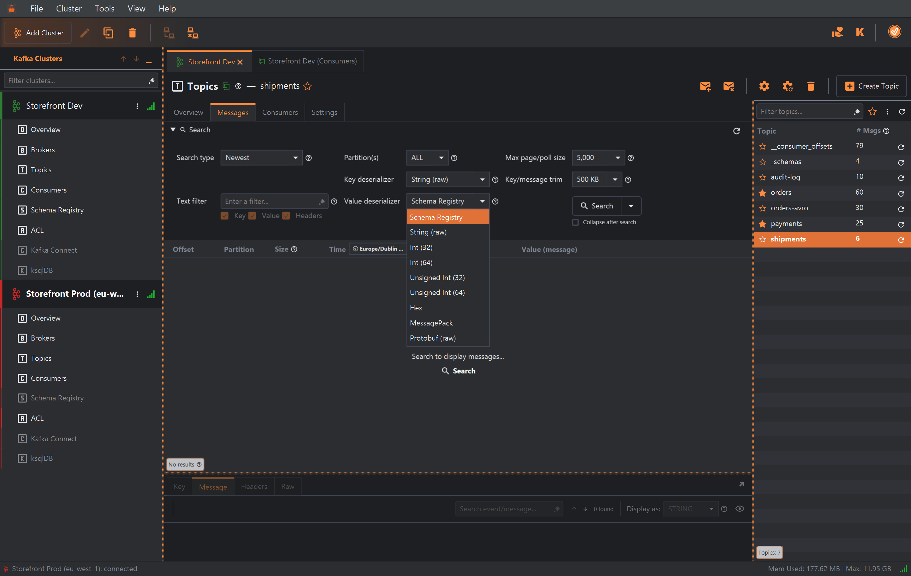 The search form of the shipments topic's Messages tab. Key deserializer is String (raw). The Value deserializer drop-down is open and lists Schema Registry (selected), String (raw), Int (32), Int (64), Unsigned Int (32), Unsigned Int (64), Hex, MessagePack and Protobuf (raw). A refresh button sits at the right of the Search title.