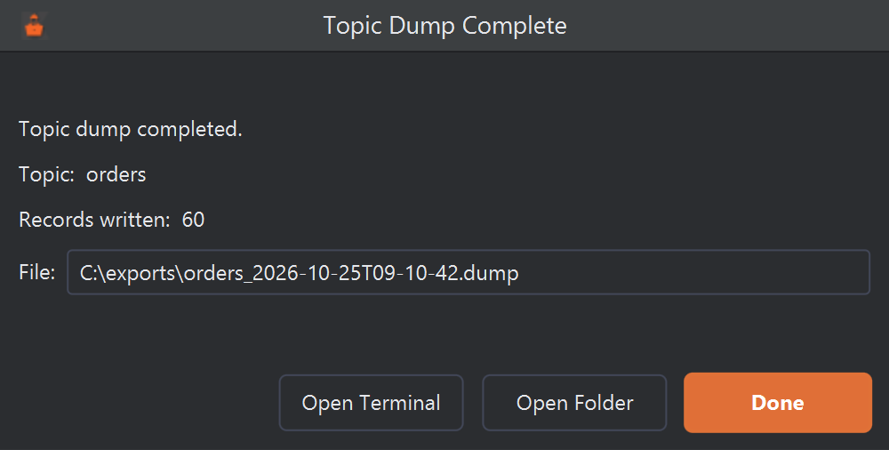 The Topic Dump Complete dialog: Topic dump completed. Topic: orders. Records written: 60. File: C:\exports\orders_2026-10-25T09-10-42.dump, followed by the buttons Open Terminal, Open Folder and Done.
