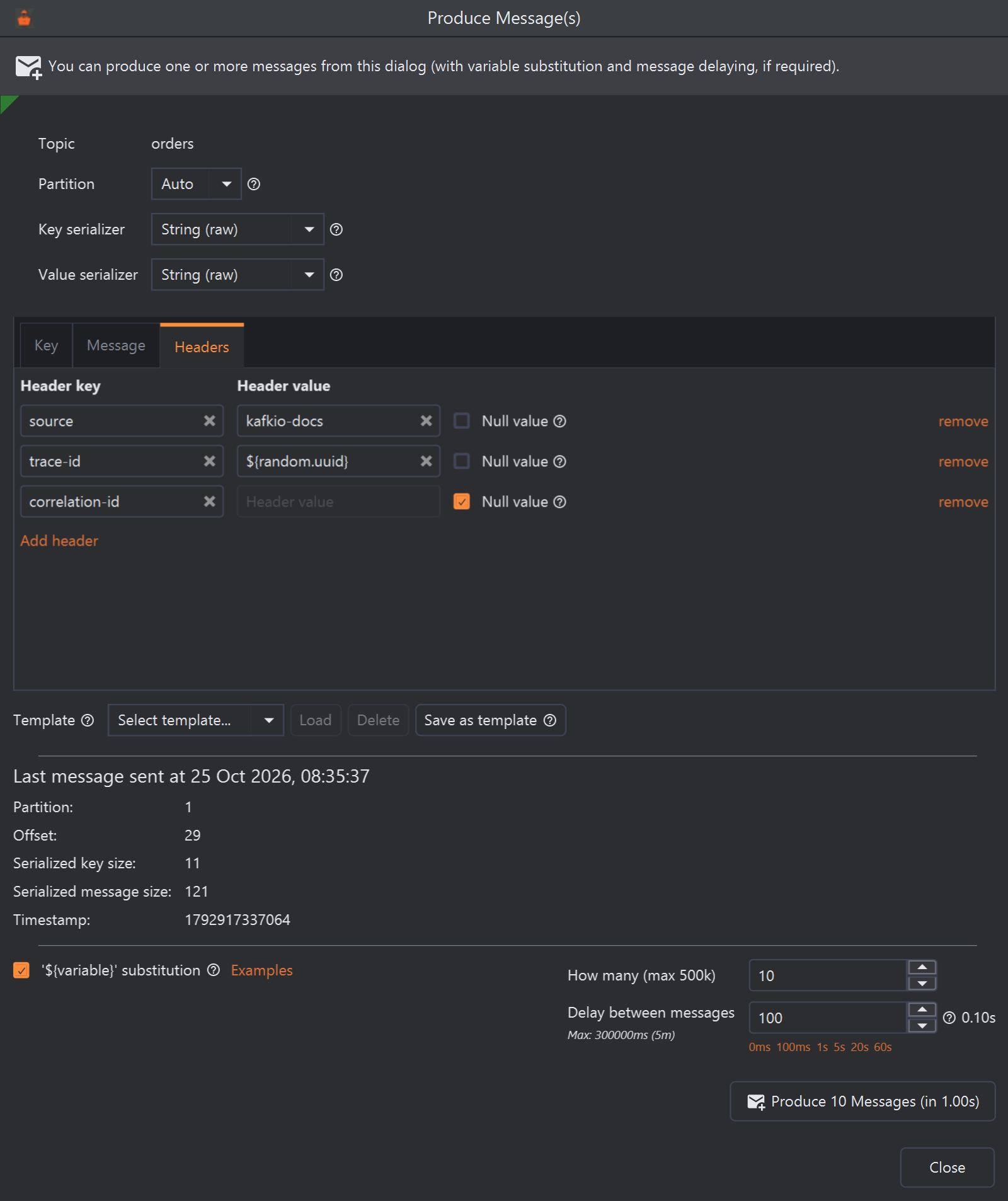 The Headers tab of the Produce Message(s) dialog, with columns Header key and Header value and three rows: source with the value kafkio-docs, trace-id with the value ${random.uuid}, and correlation-id with its value box greyed out and Null value ticked. Each row has a Null value check box and a remove link; below the rows is an Add header link.