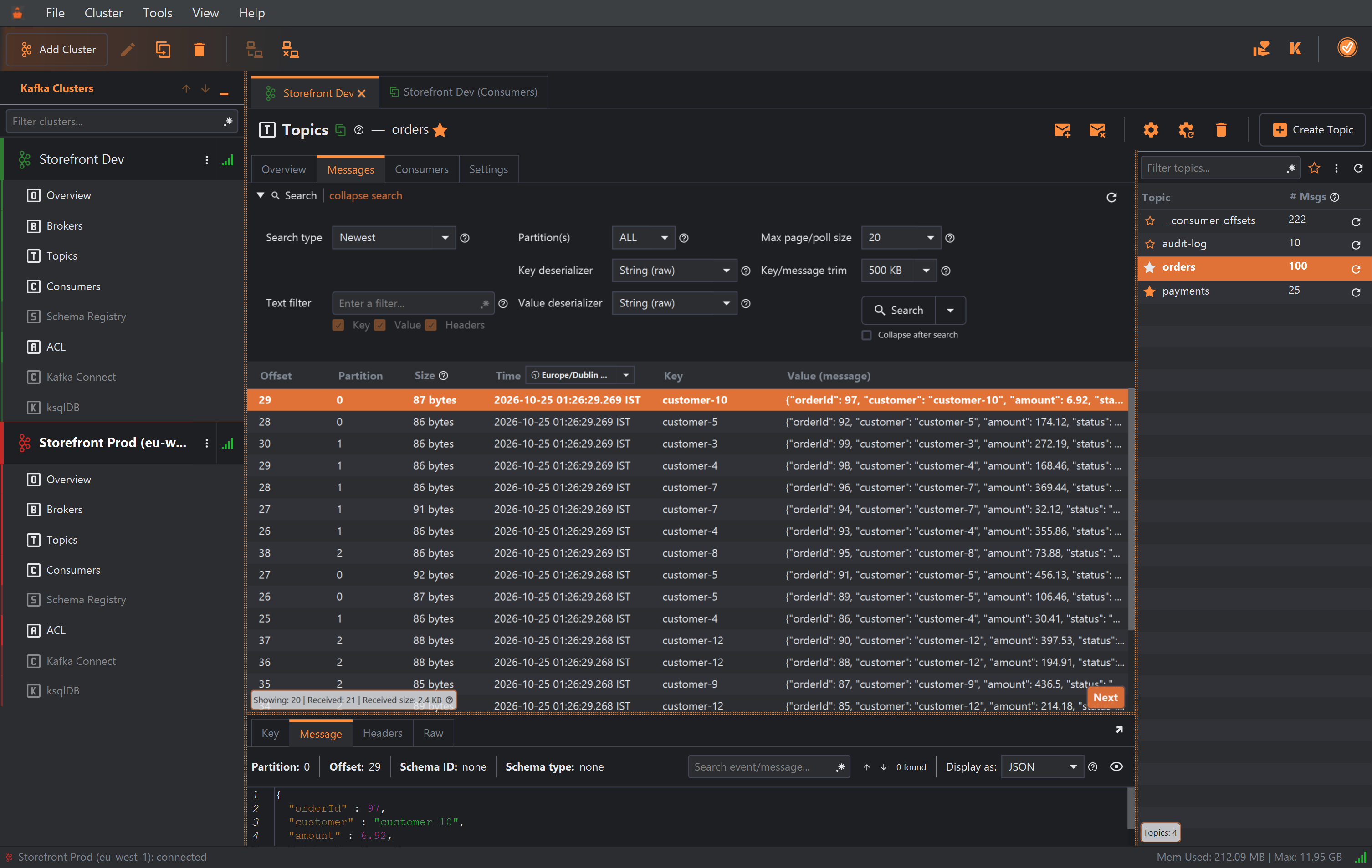 The Messages tab of the orders topic on the Storefront Dev cluster. The search form has Search type Newest, Partition(s) ALL, Key and Value deserializer String (raw), Max page/poll size 20 and Key/message trim 500 KB, an empty Text filter with Key, Value and Headers ticked, a Search button and a Collapse after search check box. Below it, a table lists 20 JSON order messages, newest first, from partitions 0, 1 and 2; a badge reads Showing: 20, Received: 21, Received size: 2.4 KB, and a Next button sits at the bottom right.