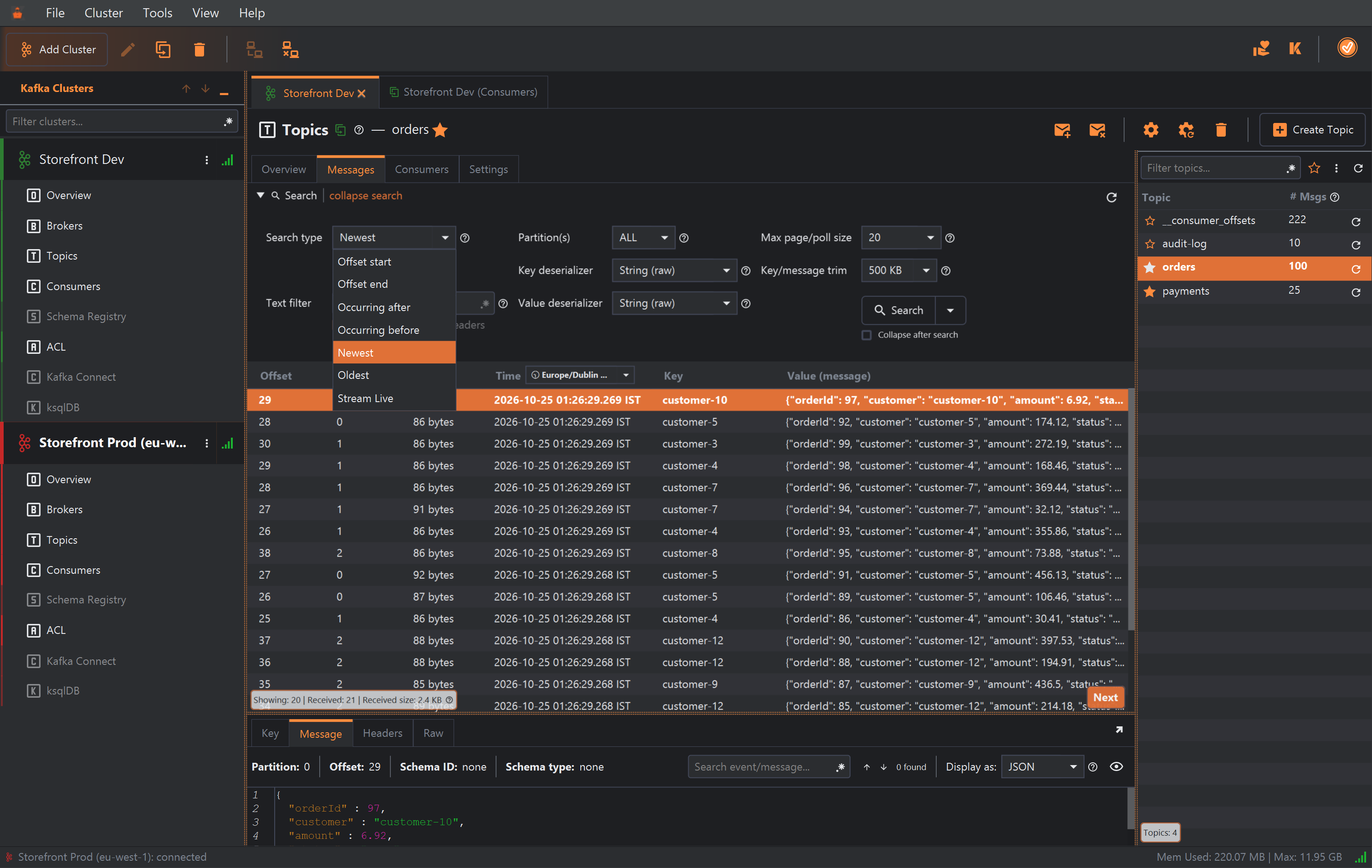 The Search type drop-down open, listing Offset start, Offset end, Occurring after, Occurring before, Newest (selected), Oldest and Stream Live.