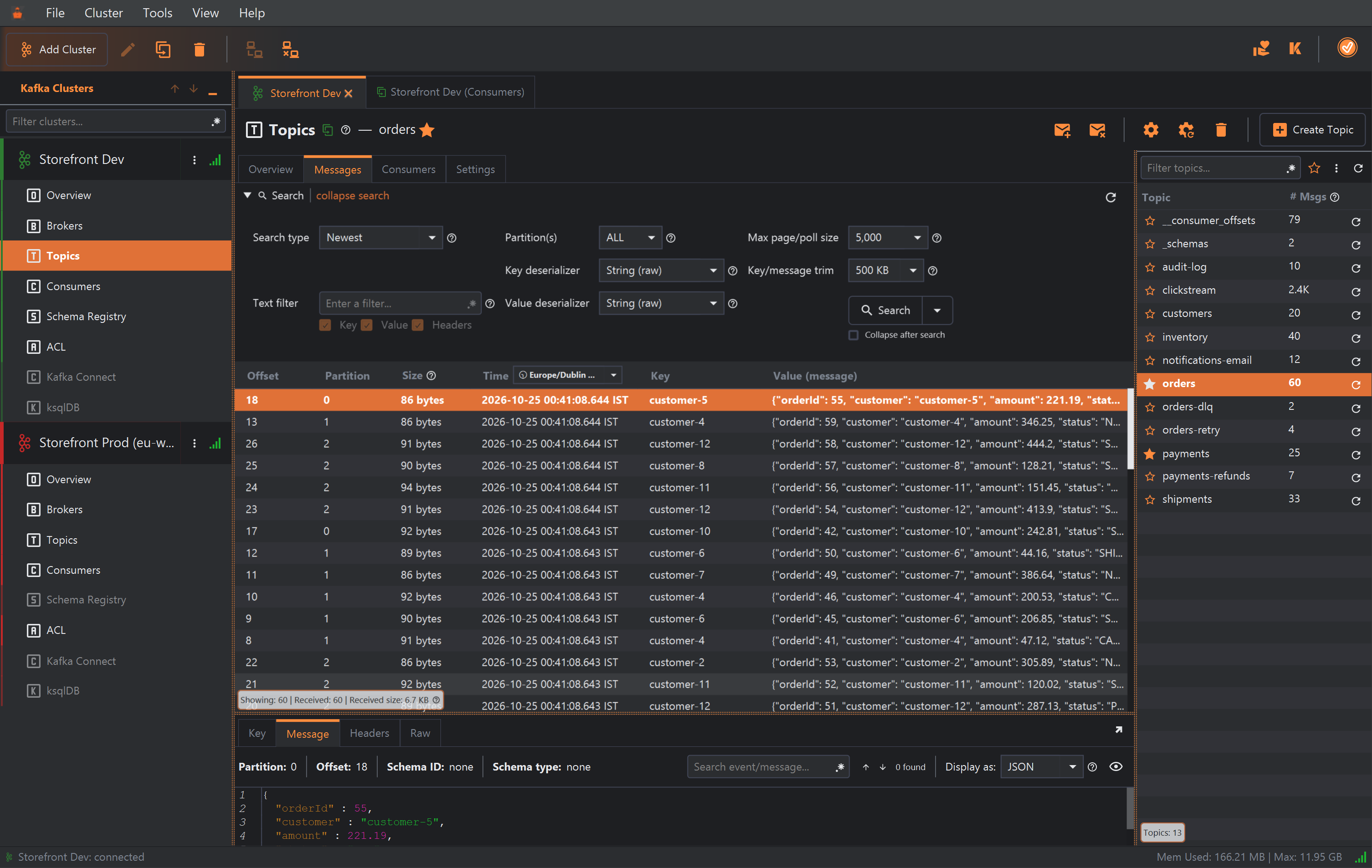 The Topics section of Storefront Dev, with a duplicated Storefront Dev (Consumers) tab beside it. The title reads Topics, orders, with a filled star. On the right, the topics list shows thirteen topics with their message counts, from __consumer_offsets and _schemas to shipments; orders and payments have filled stars, and orders is selected. To the left, the Messages tab shows 60 order messages, and above it a row of topic buttons ends with Create Topic.