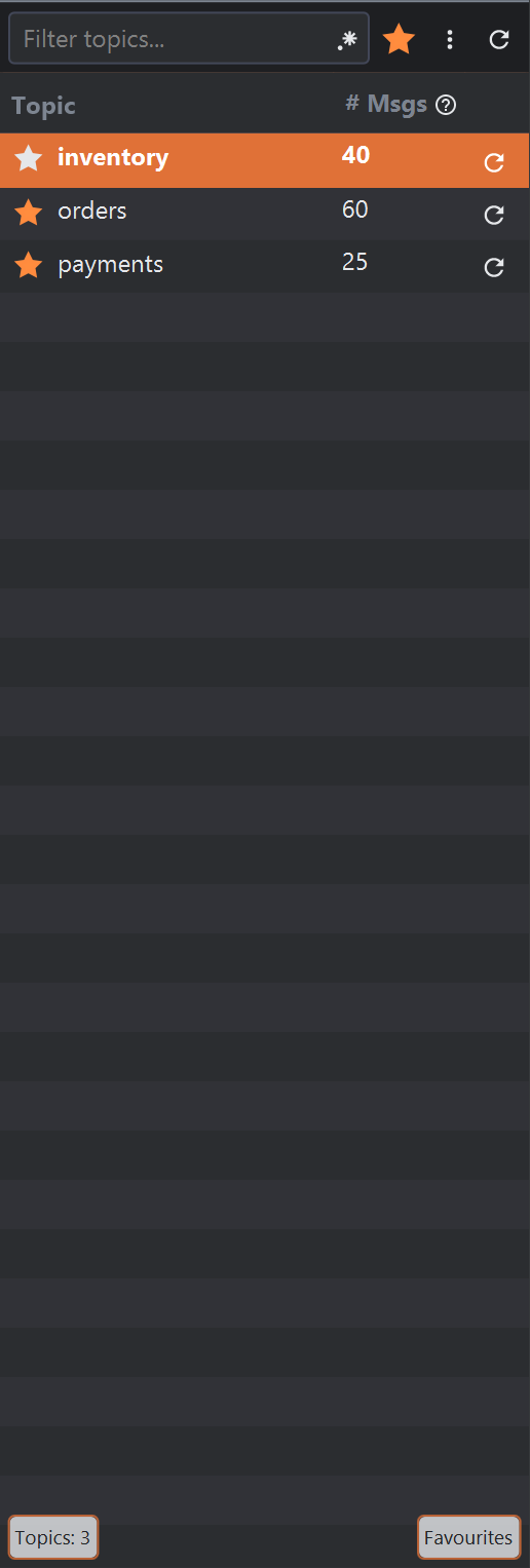 The topics list showing favourites only: the star button at the top is filled, and the list holds inventory, orders and payments, all with filled stars.