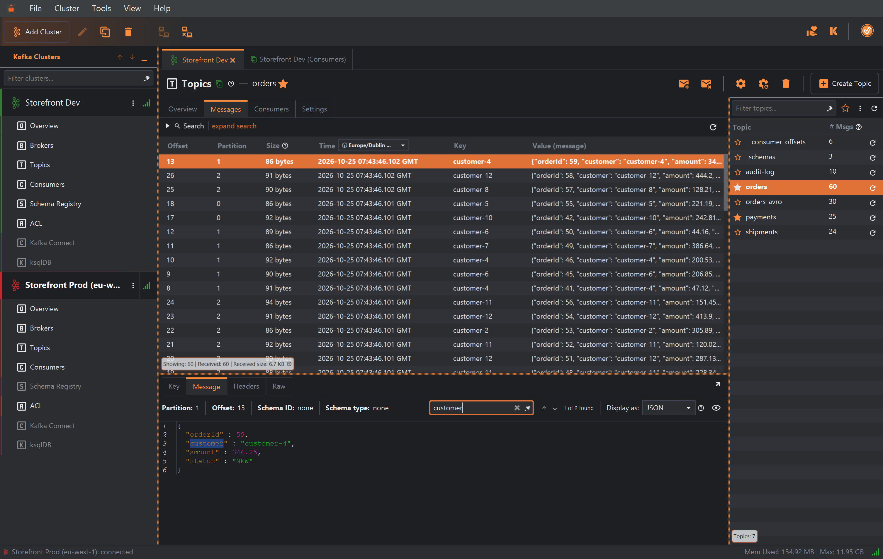 The Messages tab of the orders topic on the Storefront Dev cluster, with a second tab, Storefront Dev (Consumers), open beside it. The search form is collapsed. The table has the columns Offset, Partition, Size, Time (with a time zone drop-down reading Europe/Dublin), Key and Value (message), and lists 60 JSON order messages; the first, offset 13 in partition 1, is selected. Below, the detail pane has the tabs Key, Message, Headers and Raw; the Message tab shows Partition 1, Offset 13, Schema ID none, Schema type none, a search box containing customer with 1 of 2 found, Display as JSON, and the order pretty-printed as JSON with line numbers, the first match highlighted.