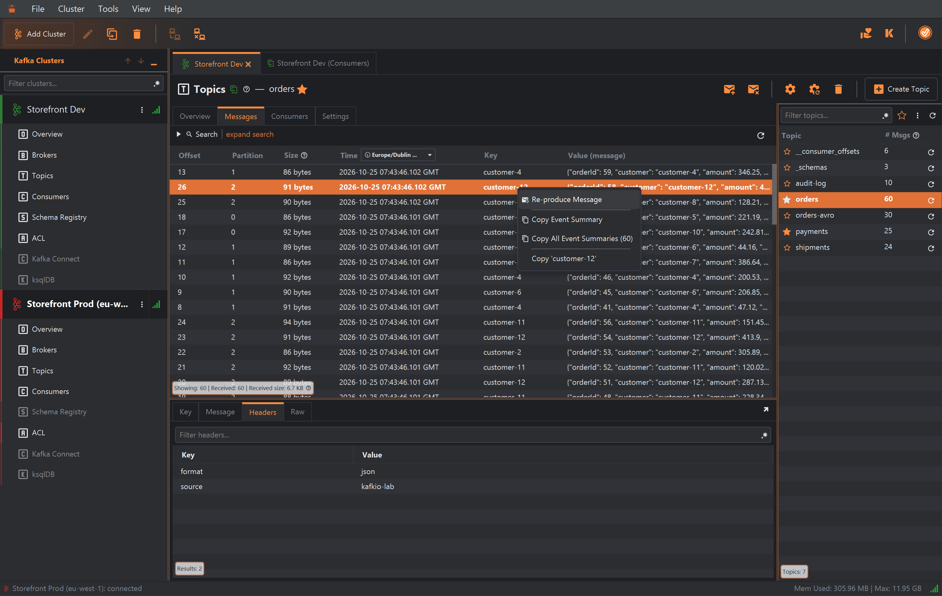 The message table with the row for offset 26 in partition 2 selected and its context menu open, listing Re-produce Message, Copy Event Summary, Copy All Event Summaries (60) and Copy 'customer-12'.