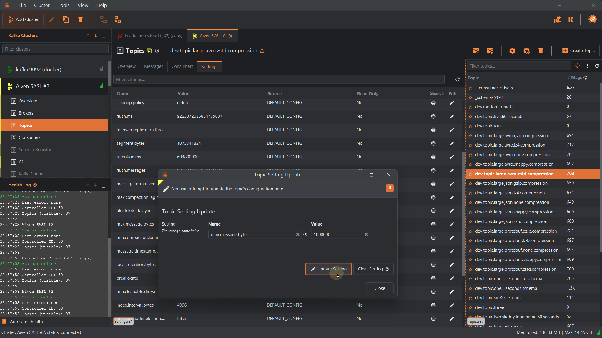 KafkIO Update Topic Setting